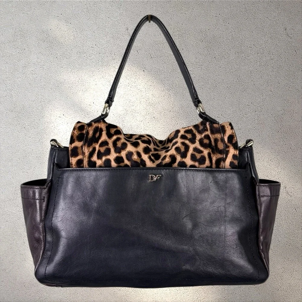Diane von Furstenberg 440 Courier‎ Calf Hair Leopard Leather Hand Bag Purse Tote